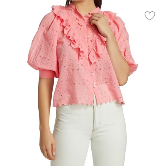 byTiMo Broderie Ruffle Trim Anglaise Shirt Pink Eyelet Puff Sleeve Top Sz XS NEW - Picture 1 of 15